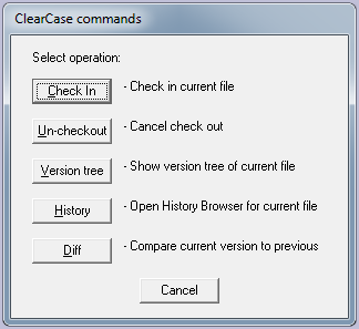 ClearCase tools dialog box for checked-out file